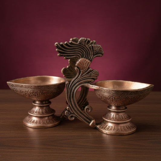 1959 Antique Brass Engraved Diya in Pair | Decorative Brass Lamps