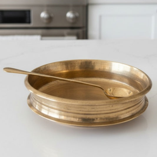 1966 Antique Bronze Cooking Urli with Ladle | Traditional Bronze Serving Vessel