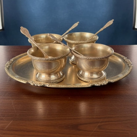 1985 Antique Brass Dessert Set with Cups and Tray | Decorative Brass Serving Set - Bombay Antiques
