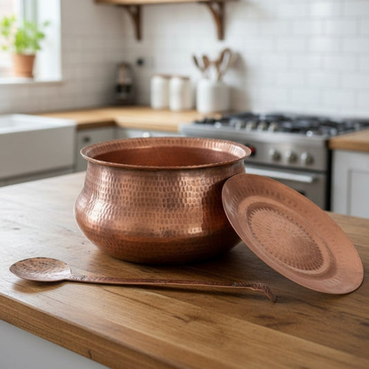 1972 Antique Copper Heavy Deg with Lid, Ladle and Stand 5L | Traditional Copper Cooking & Serving Set