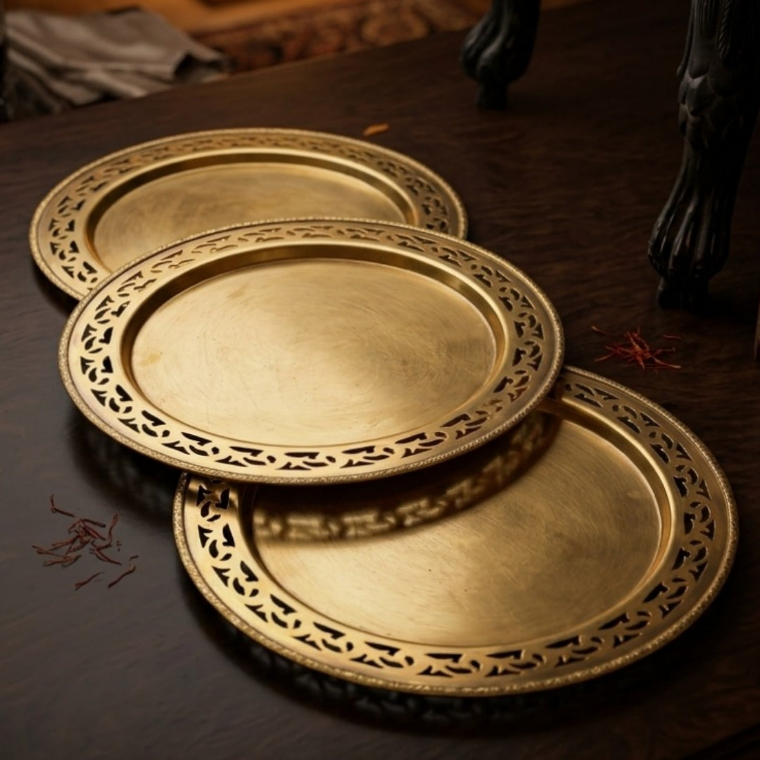 Antique Brass Plates Set of 3 with Ornated Borders and Engraved | Decorative Brass Plate Set | Made in 1979 - Bombay Antiques