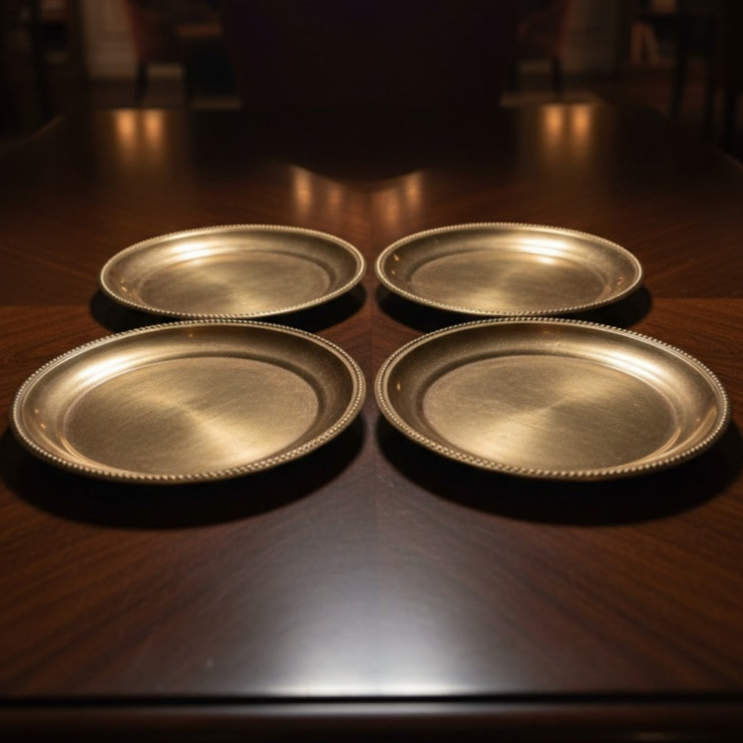 Antique Brass Small Plates with Ornated Borders Set of 4 | Decorative Brass Plate Set | Made in 1988