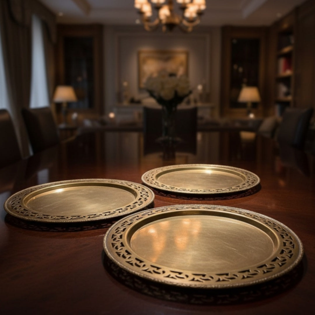 Antique Brass Plates Set of 3 with Ornated Borders and Engraved | Decorative Brass Plate Set | Made in 1979 - Bombay Antiques