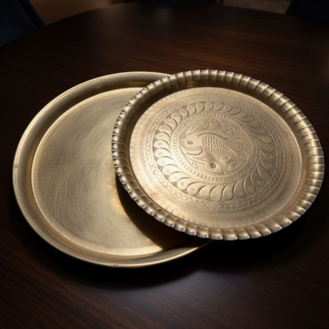Antique Brass Engraved Plates in Pair | Decorative Brass Plate Set | Made in 1966 - Bombay Antiques