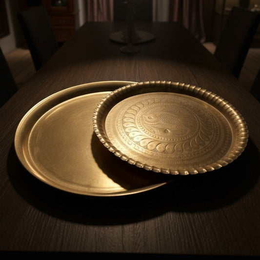 Antique Brass Engraved Plates in Pair | Decorative Brass Plate Set | Made in 1966