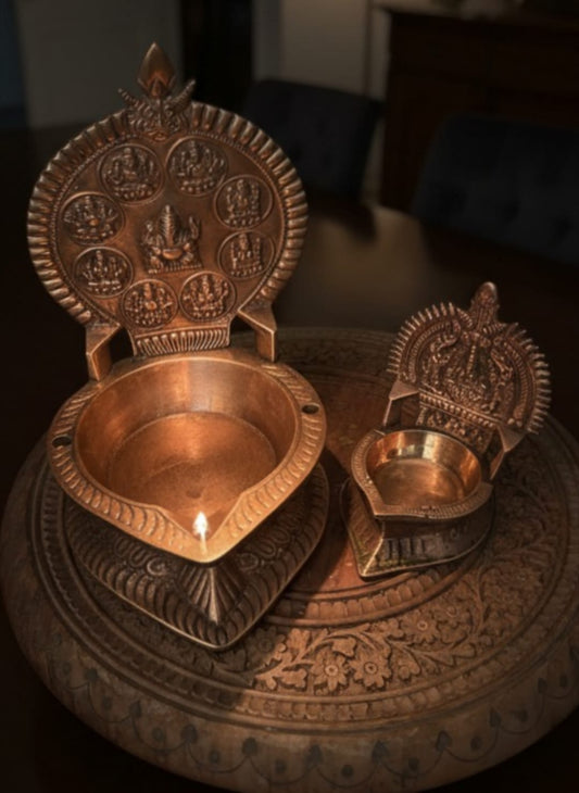 Antique Brass Engraved Diyas in Pair | Decorative Brass Lamp Set | Made in 1963
