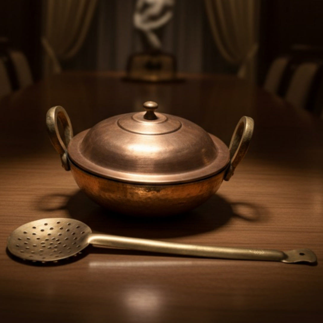Antique Brass Kadai with Lid and Ladle 1.5L | Traditional Brass Cookware Set | Made in 1976 - Bombay Antiques