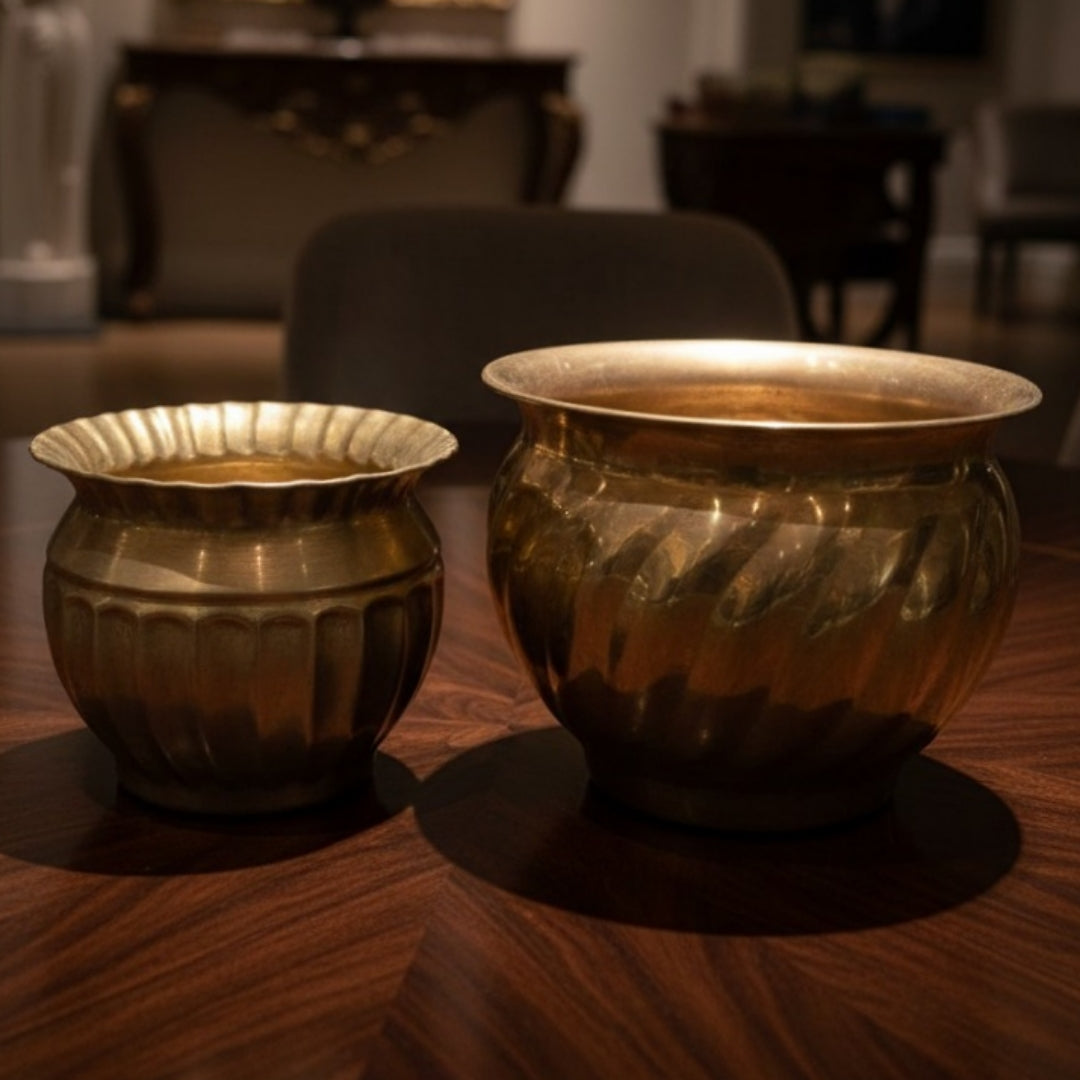 Antique Brass Planters in Pair | Decorative Brass Planter Set | Made in 1966 - Bombay Antiques