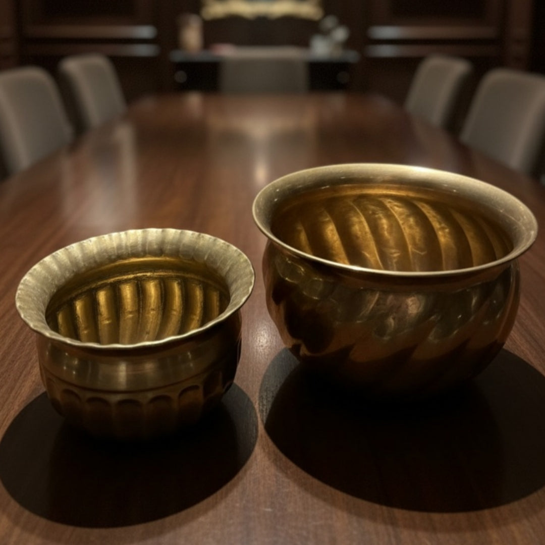 Antique Brass Planters in Pair | Decorative Brass Planter Set | Made in 1966 - Bombay Antiques