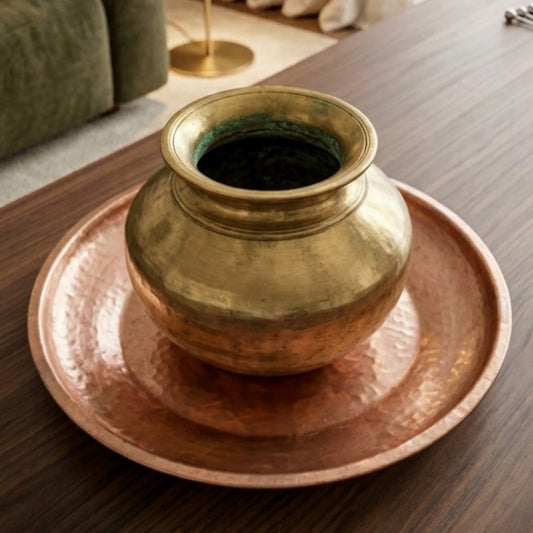 Antique Brass and Copper Ganga Jamuna Kalash with Copper Plate 1L | Decorative Metalware Set | Made in 1970