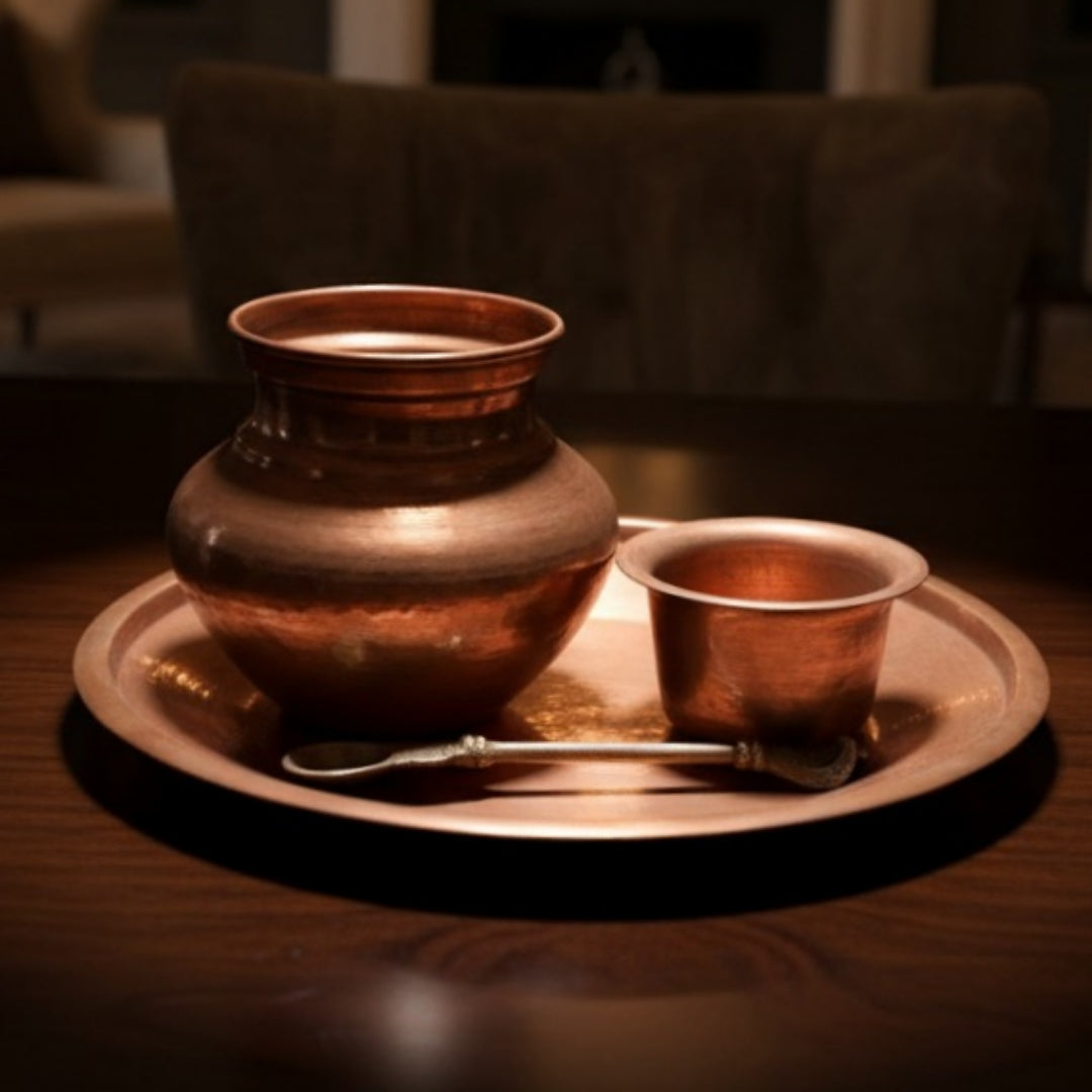 Antique Copper Kalash Set with Plate and Spoon | Decorative Copper Tableware | Made in 1968 - Bombay Antiques
