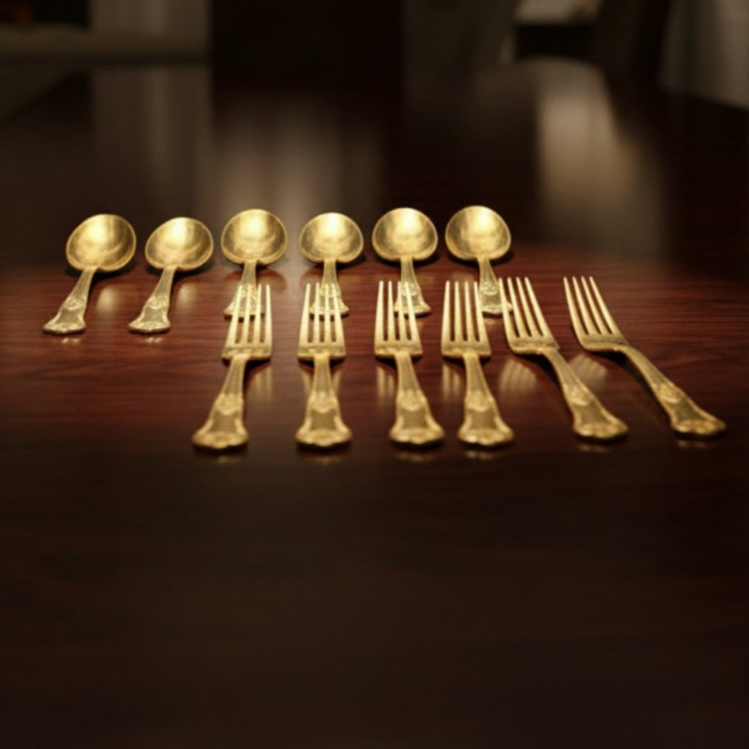 Antique Brass Cutlery Set of 12 | Decorative Brass Flatware Set | Made in 1980