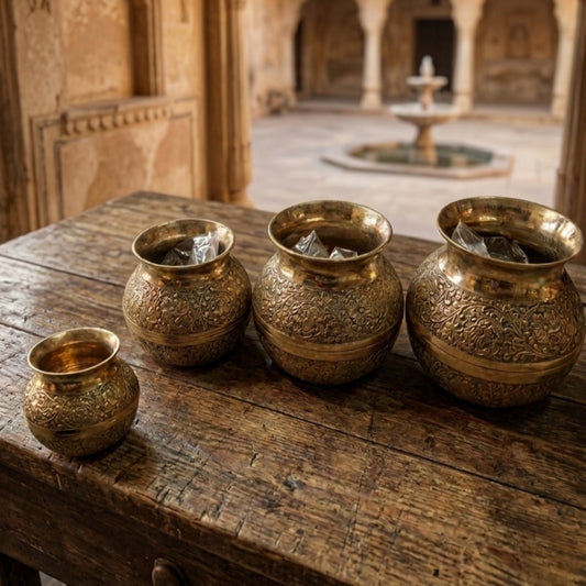 Engraved Kalash Set of 4 by Bombay Antiques | Decorative Metalware Collection