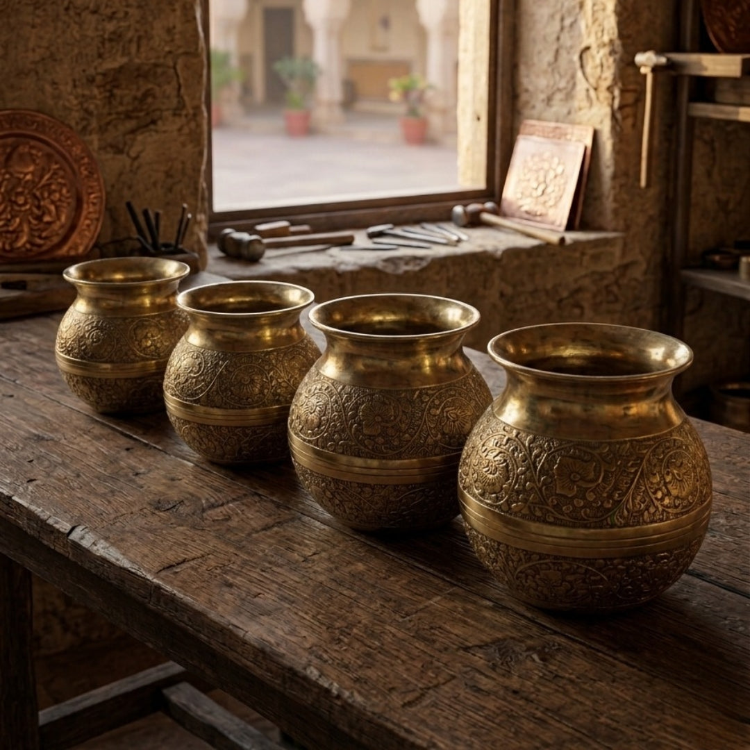 Engraved Kalash Set of 4 by Bombay Antiques | Decorative Metalware Collection