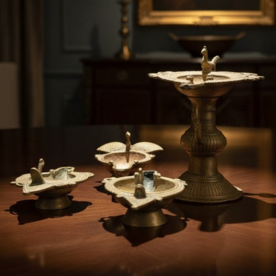 Antique Brass Engraved Diya Set of 4 | Decorative Brass Lighting Set | Made in 1970