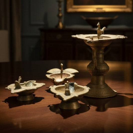 Antique Brass Engraved Diya Set of 4 | Decorative Brass Lighting Set | Made in 1970