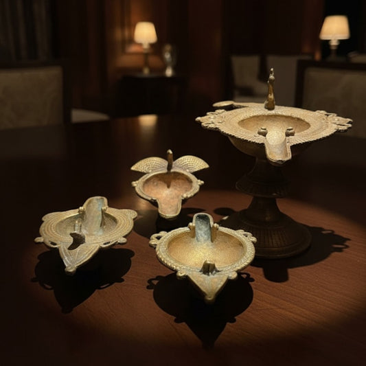 Antique Brass Engraved Diya Set of 4 | Decorative Brass Lighting Set | Made in 1970