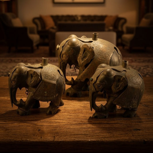 Antique Rosewood Engraved Elephant with Brass Work Set of 3 | Decorative Wooden Collectibles | Made in 1984