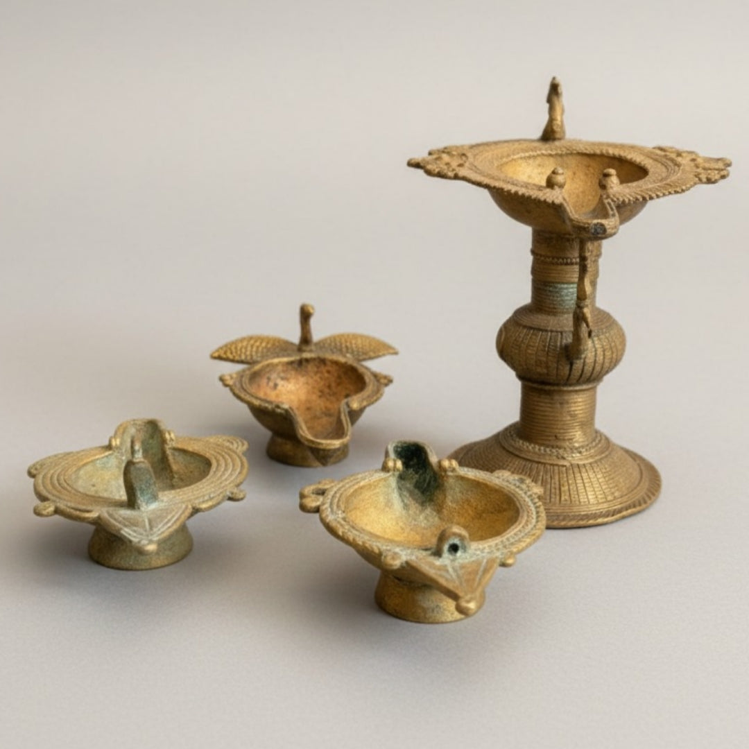 Antique Brass Engraved Diya Set of 4 | Decorative Brass Lighting Set | Made in 1970