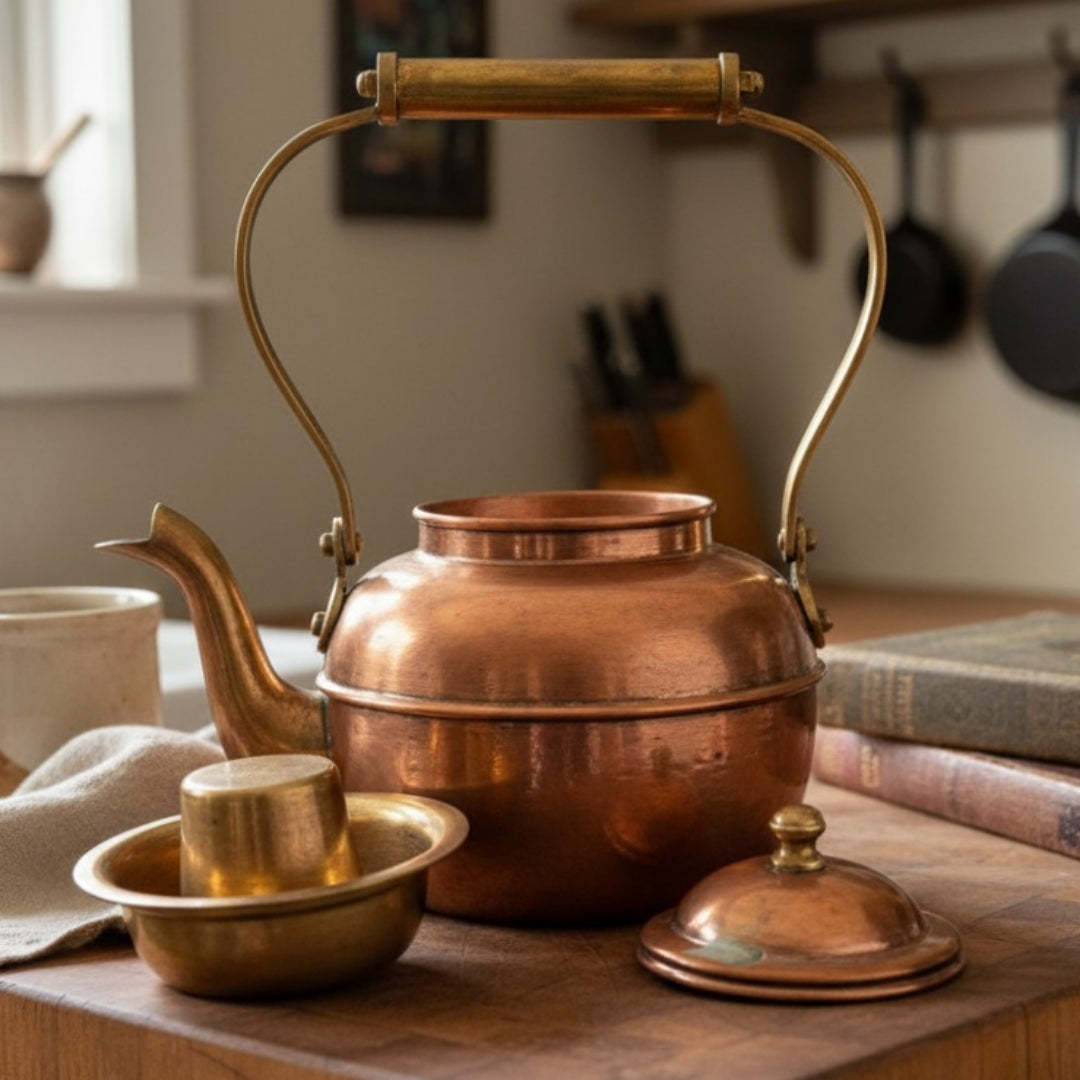 Antique Copper Kettle with Dabara Set | Decorative Copper Serving Set | Made in 1983