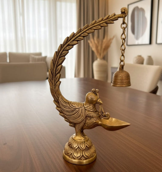 Antique Brass Engraved Diya with Bell | Decorative Brass Hanging Accent | Made in 1968