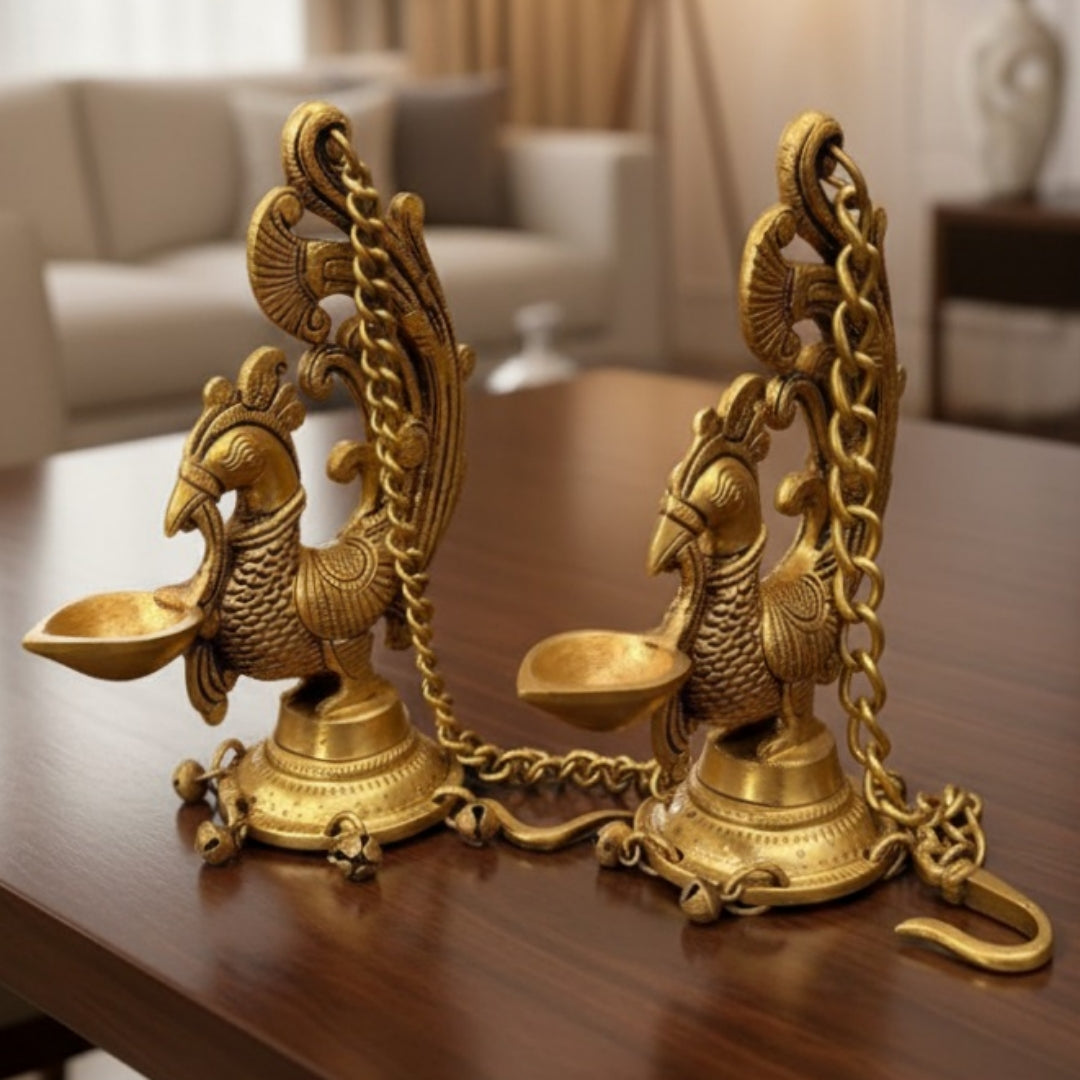 Antique Brass Peacock Engraved Hanging Diya in Pair | Decorative Brass Hanging Accent | Made in 1971
