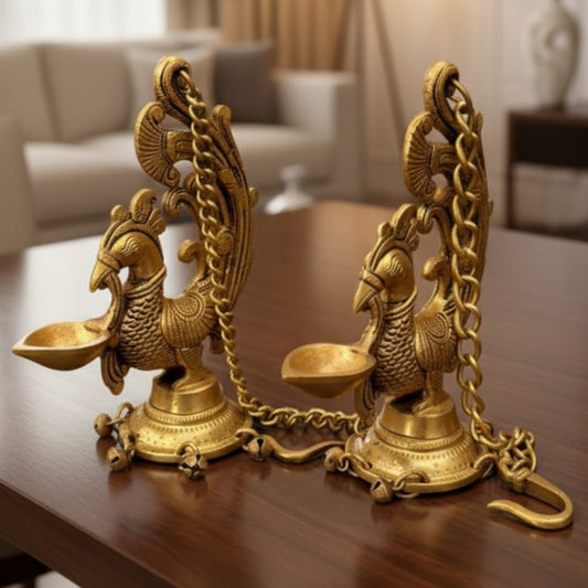 Antique Brass Peacock Engraved Hanging Diya in Pair | Decorative Brass Hanging Accent | Made in 1971