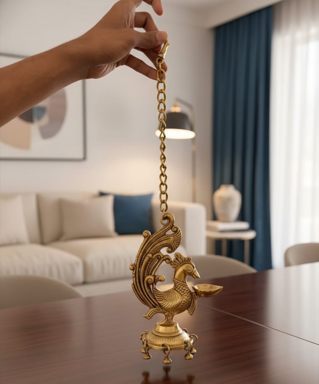 Antique Brass Peacock Engraved Hanging Diya in Pair | Decorative Brass Hanging Accent | Made in 1971