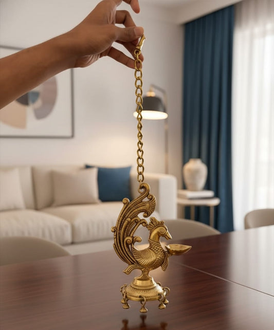 Antique Brass Peacock Engraved Hanging Diya in Pair | Decorative Brass Hanging Accent | Made in 1971