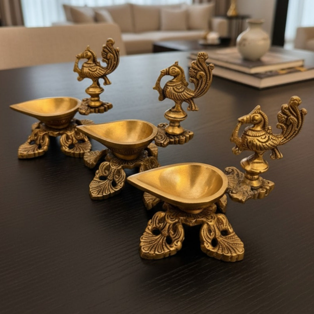 Antique Brass Engraved Diya Set of 3 | Decorative Brass Lighting Set | Made in 1973