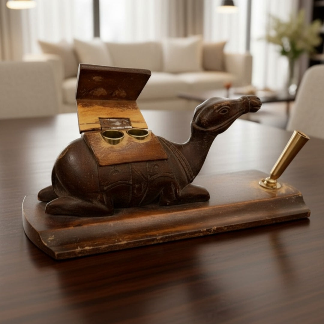 Antique Teakwood Camel Pen Holder with Ink Holder | Wooden Desk Organizer | Made in 1972