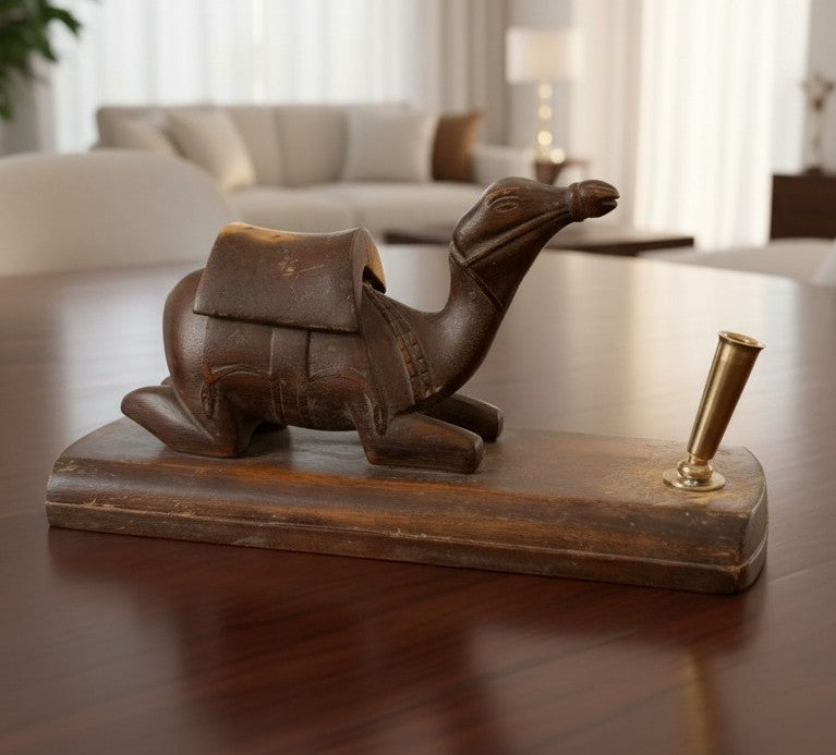 Antique Teakwood Camel Pen Holder with Ink Holder | Wooden Desk Organizer | Made in 1972