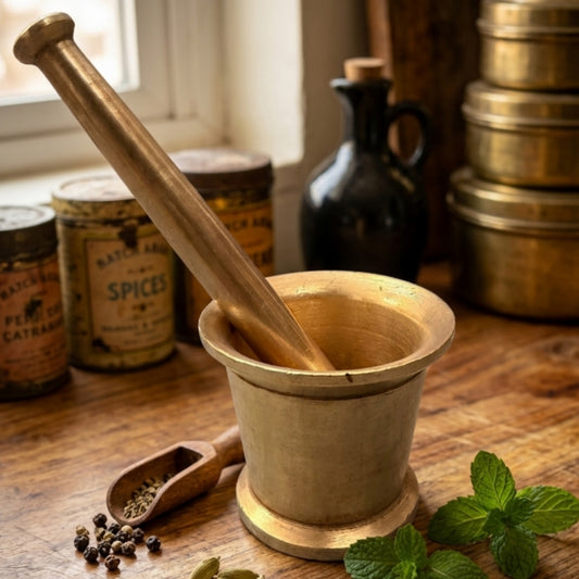 Antique Brass Small Khalbatta | Compact Brass Mortar & Pestle Set | Made in 1985