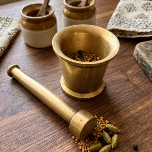 Antique Brass Small Khalbatta | Compact Brass Mortar & Pestle Set | Made in 1985