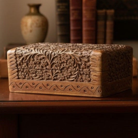 Antique Kashmiri Wood Engraved Box Pair | Premium Wooden Storage Boxes | Made in 1978 - Bombay Antiques