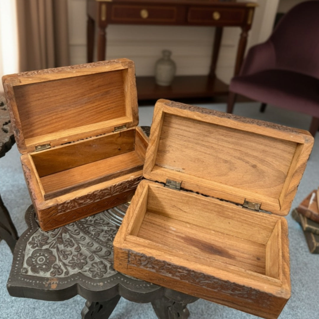 Antique Kashmiri Wood Engraved Box Pair | Premium Wooden Storage Boxes | Made in 1978 - Bombay Antiques
