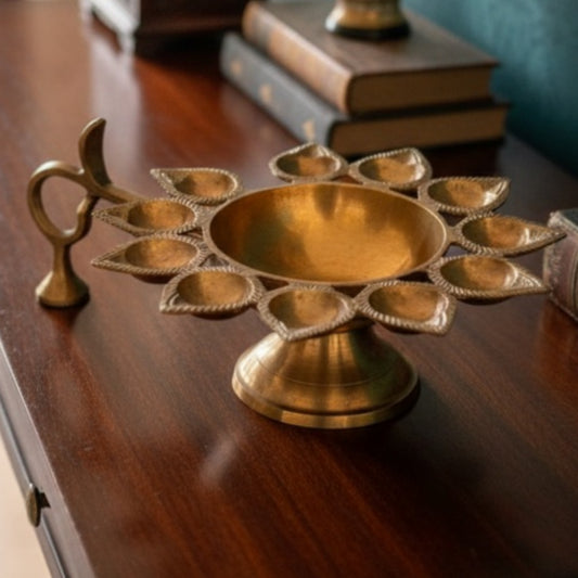 Antique Peetal Hand Diya | Premium Brass Oil Lamp | Made in 1972 - Bombay Antiques