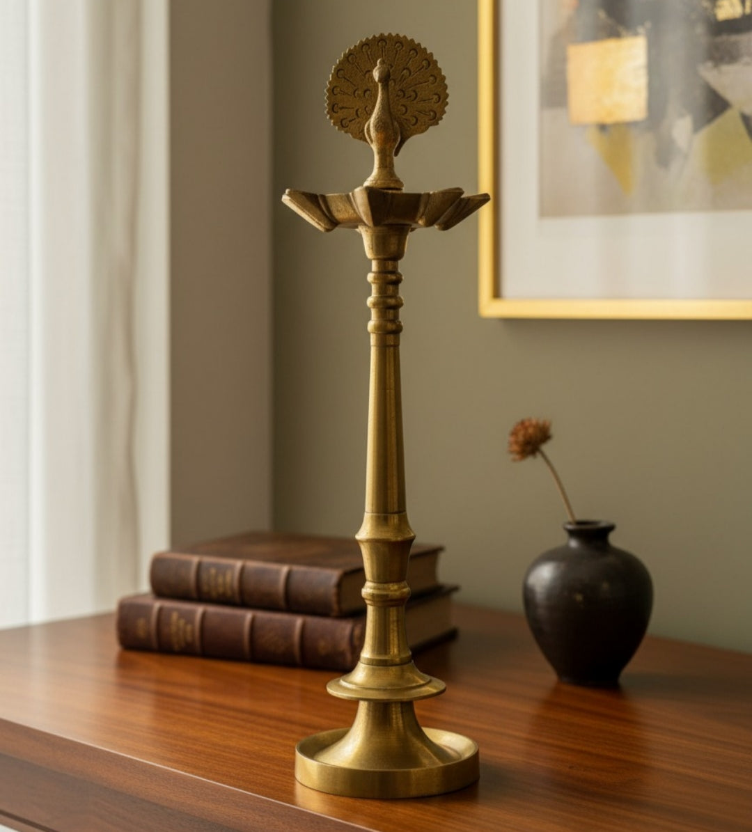 Antique Peetal Peacock Samay Pair | Premium Brass Standing Oil Lamps | Made in 1953 - Bombay Antiques