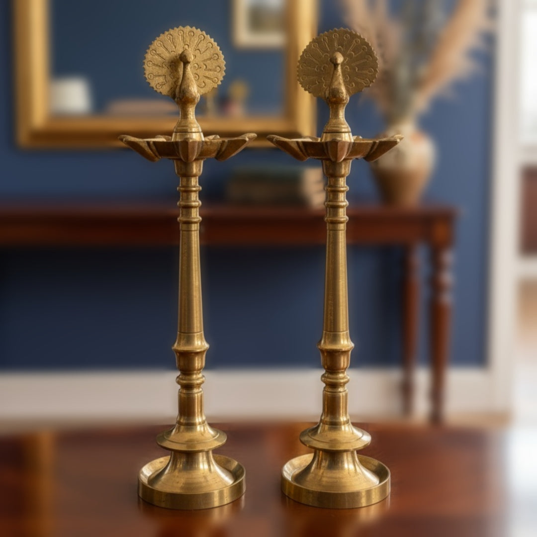 Antique Peetal Peacock Samay Pair | Premium Brass Standing Oil Lamps | Made in 1953 - Bombay Antiques
