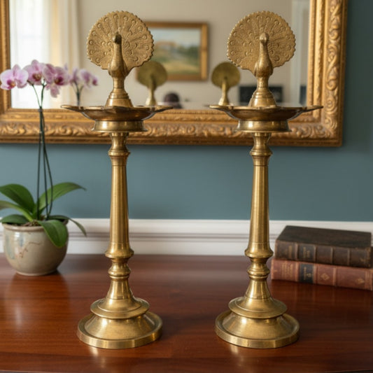 Antique Peetal Peacock Samay Pair | Premium Brass Standing Oil Lamps | Made in 1953 - Bombay Antiques