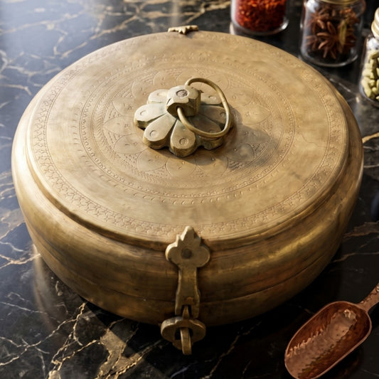 Antique Peetal Engraved Chapati Dabba | Premium Handmade Brass Storage Container | Made in 1960 - Bombay Antiques