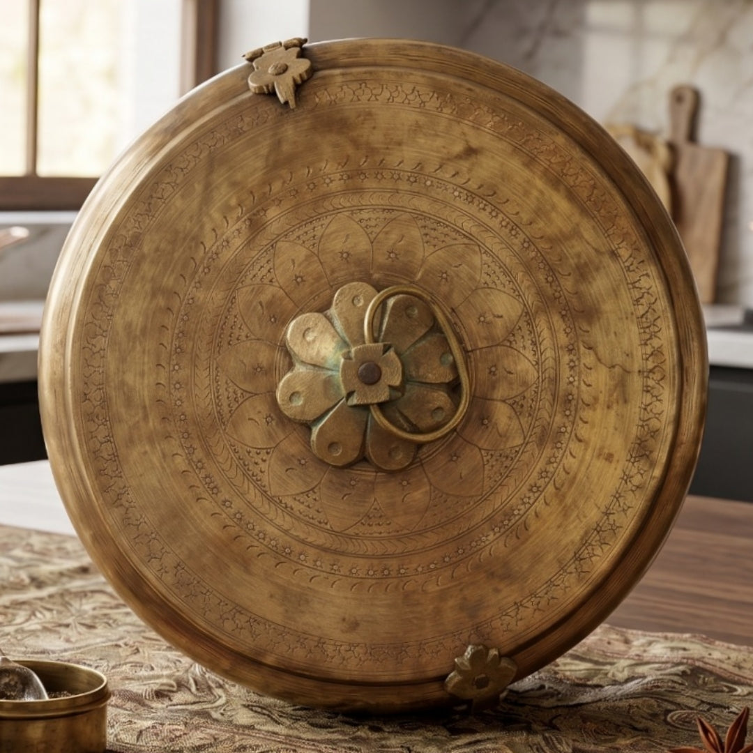 Antique Peetal Engraved Chapati Dabba | Premium Handmade Brass Storage Container | Made in 1960 - Bombay Antiques