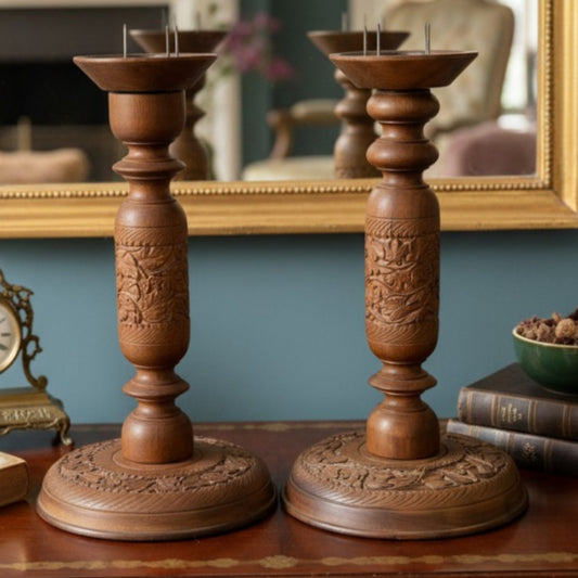 Antique Kashmiri Wood Engraved Candle Holder Pair | Premium Wooden Decorative Stands | Made in 1970