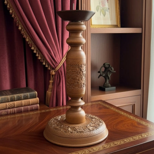 Antique Kashmiri Wood Engraved Candle Holder Pair | Premium Wooden Decorative Stands | Made in 1970