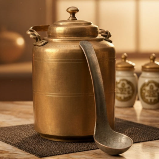 Antique Peetal Canister with Ladle | Premium Brass Storage Container | Made in 1969