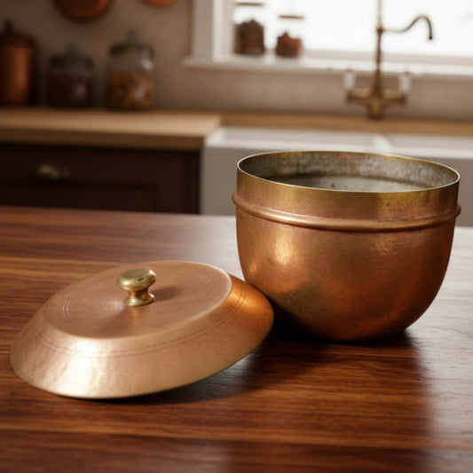Antique Peetal Storage Box | Premium Brass Lidded Container | Made in 1977 - Bombay Antiques