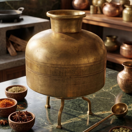 Antique Peetal Water Pot with Stand and Lid | Premium Brass Storage Vessel | Made in 1967 - Bombay Antiques