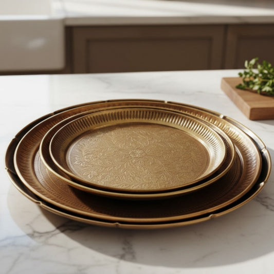 Antique Peetal Engraved Plate Set of 4 | Premium Brass Serving Plates with Decorative Borders | Made in 1985 - Bombay Antiques