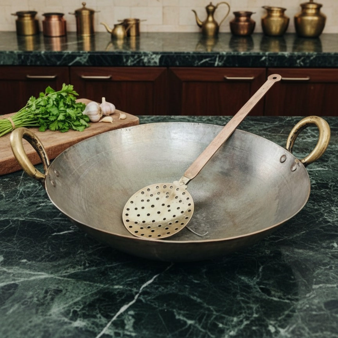 Antique Peetal Chinese Kadai with Ladle Spatula | Premium Brass Cooking Vessel | Made in 1960 - Bombay Antiques
