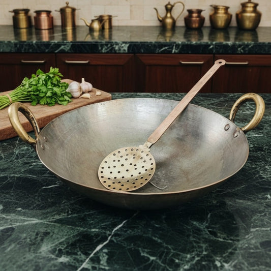 Antique Peetal Chinese Kadai with Ladle Spatula | Premium Brass Cooking Vessel | Made in 1960 - Bombay Antiques